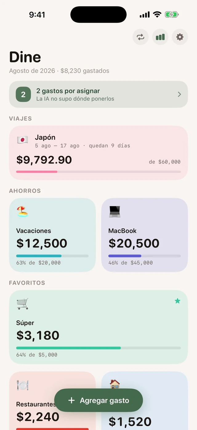 Dine’s overview of trips, savings goals, and budgets